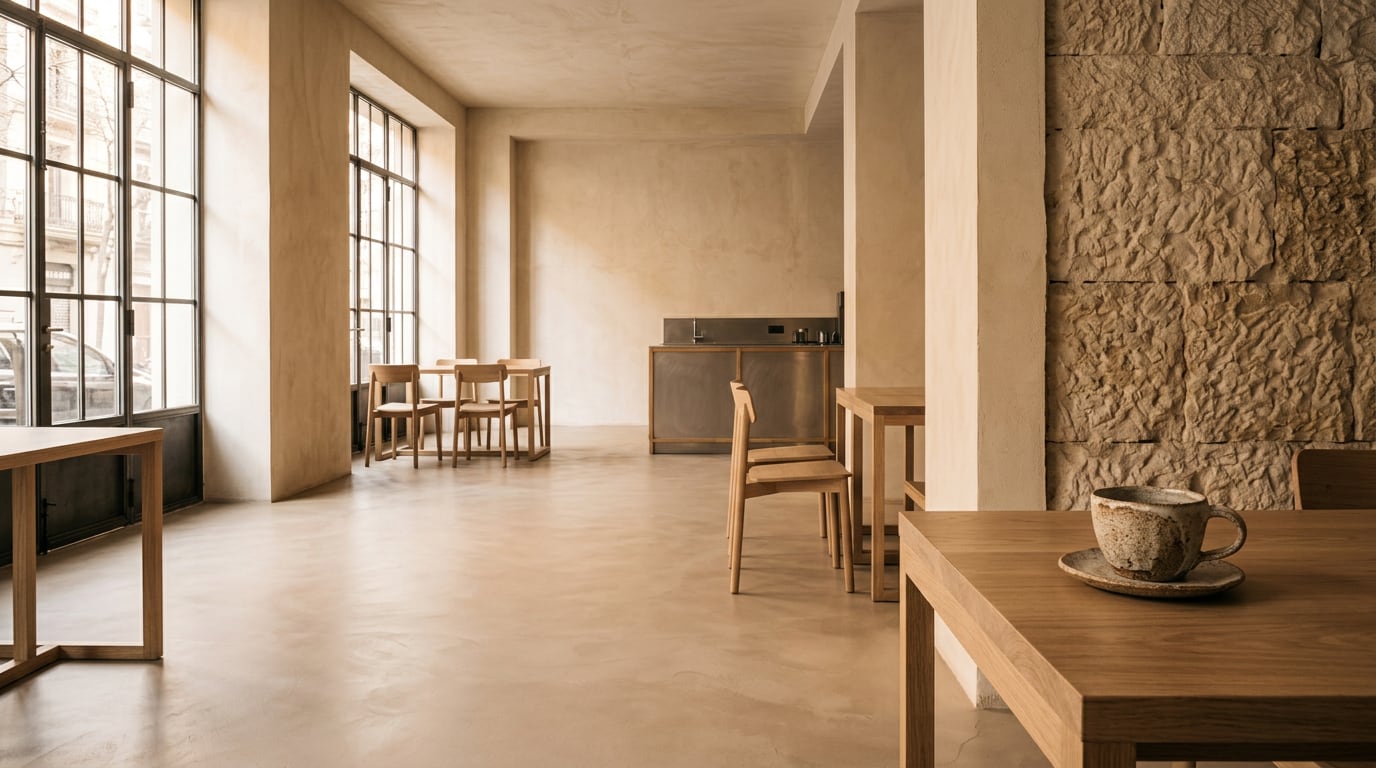 Sala de BRUMA con ventanales, mesas de roble y textura de piedra caliza
