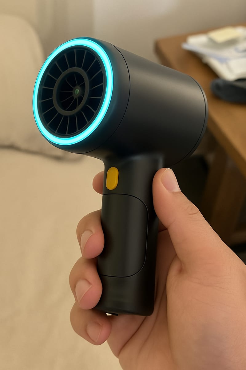 VORTEX Mini Turbo Fan sujetado con una mano en un entorno doméstico