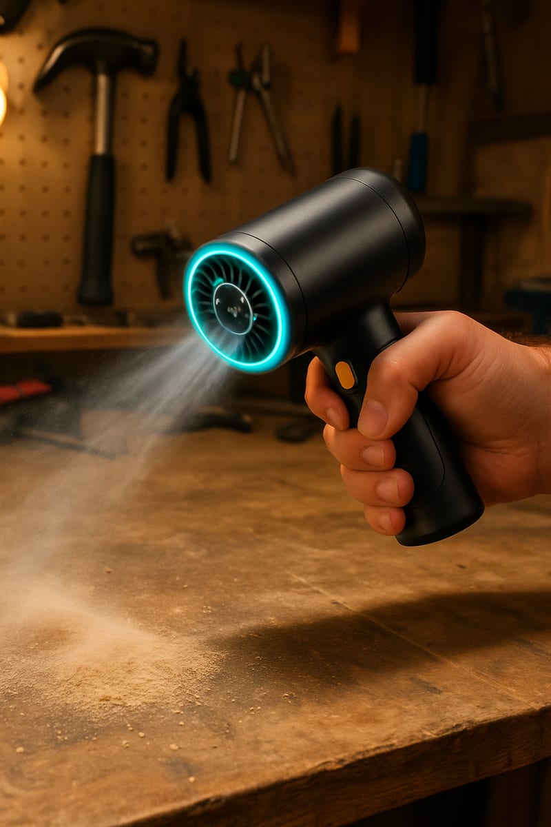 VORTEX Mini Turbo Fan usado para soplar serrín en un taller doméstico